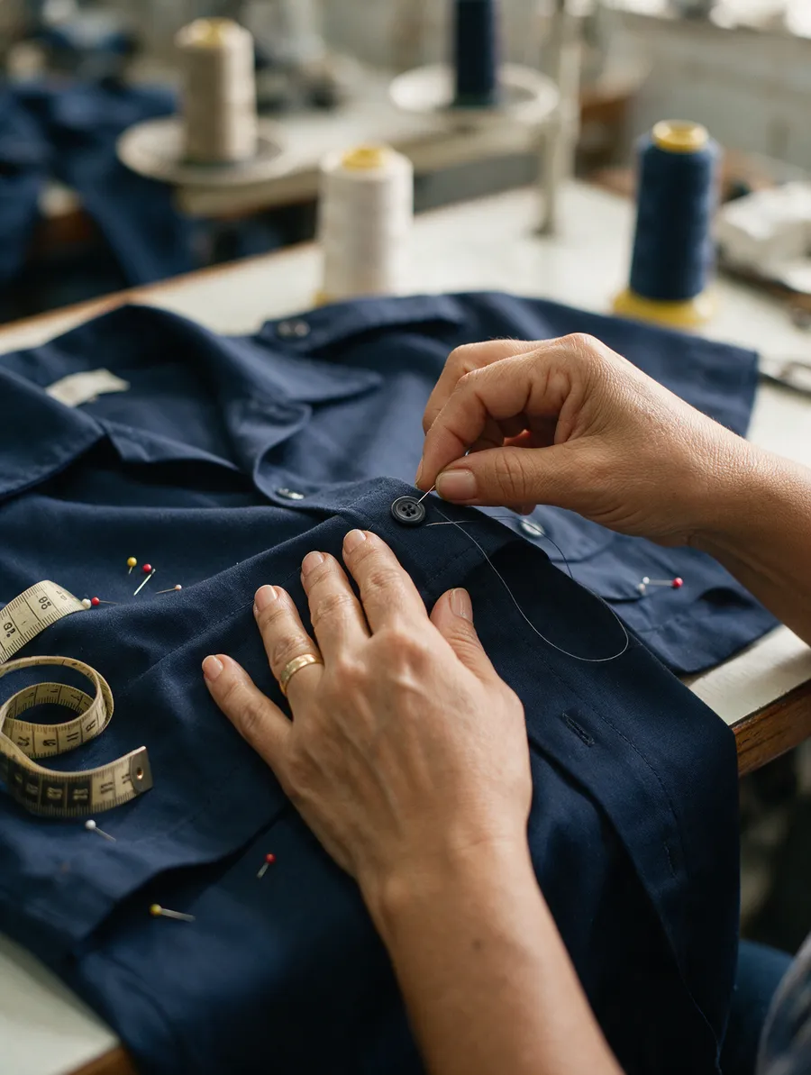 Costureira pregando botão e ajustando a barra de uma camisa de uniforme azul-marinho