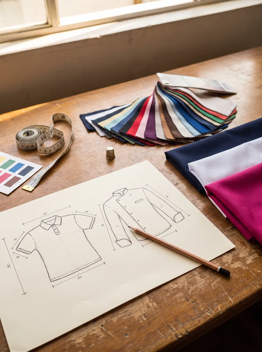 Croqui de uniforme sobre a mesa, com cartela de cores e amostras de tecido